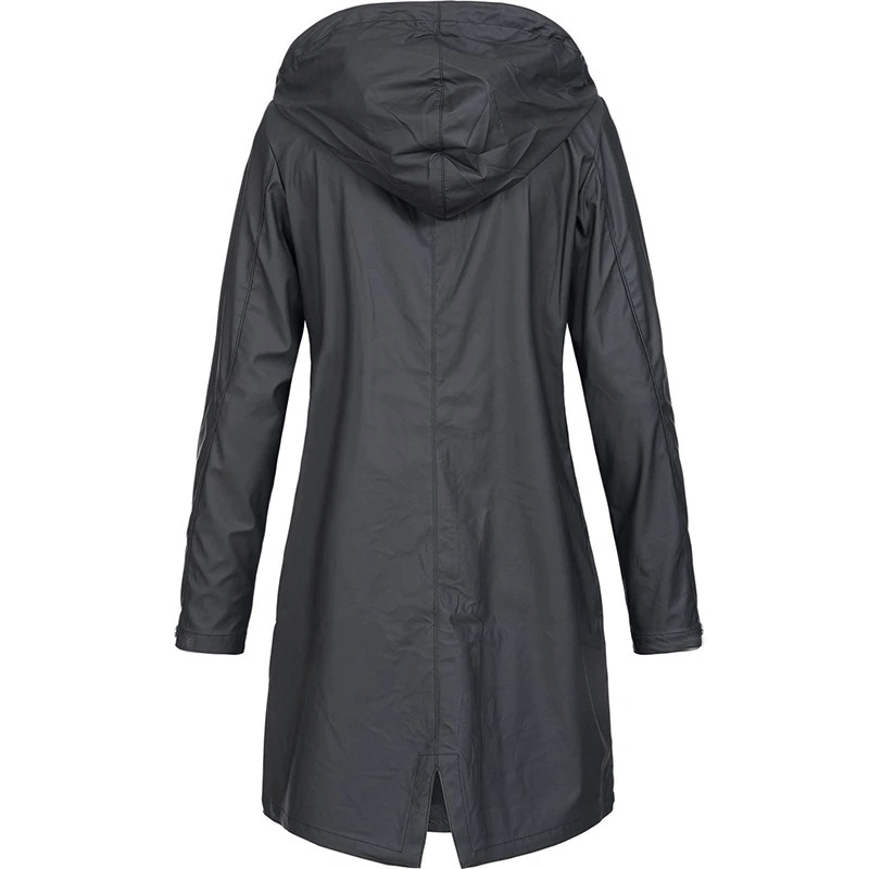Back view of long black rain jacket with hood for women, windproof and waterproof, ideal for hiking and outdoor activities.