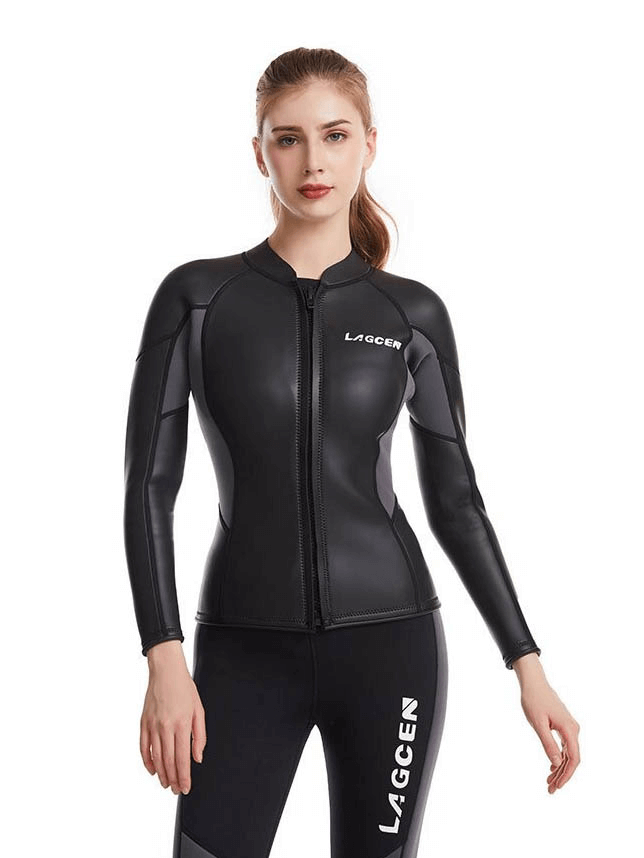 Woman wearing a long-sleeved 2.5MM neoprene wetsuit for snorkeling, surfing, and diving, offering warmth and UV protection.