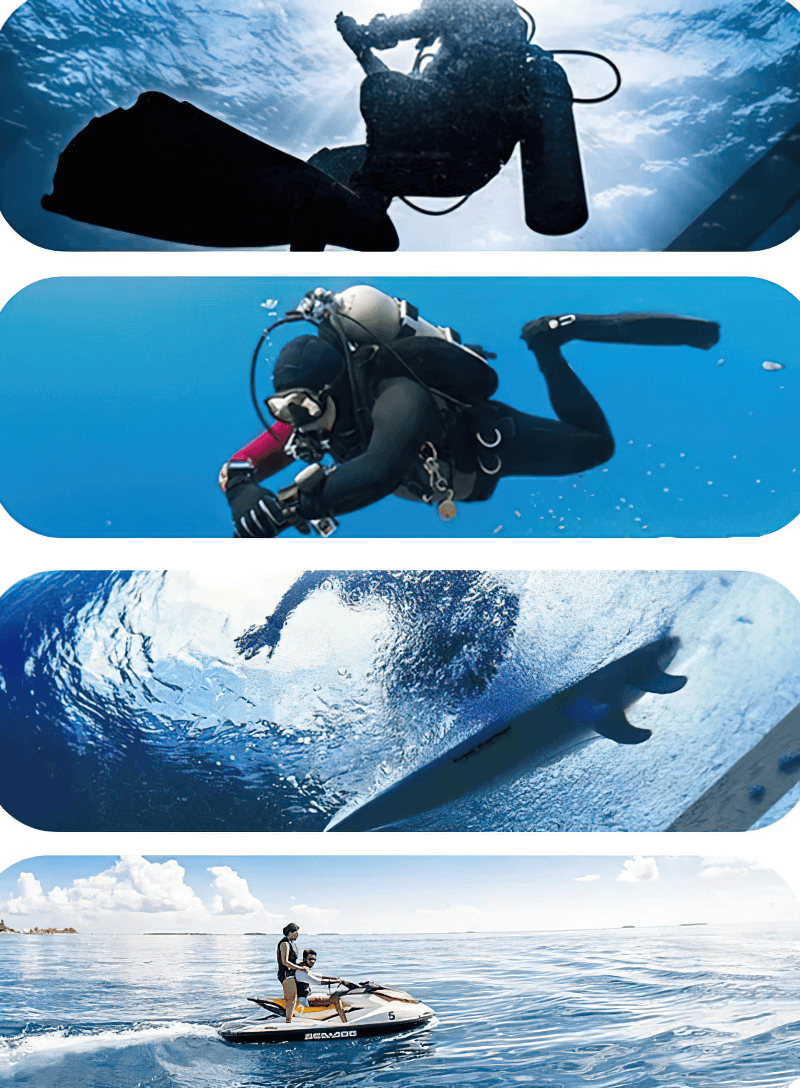 Collage of underwater adventures with scuba divers, a surfer, and a jet ski ride in clear blue ocean waters.