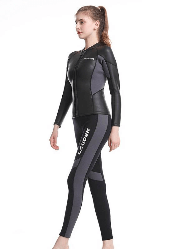 Woman modeling long-sleeved 2.5MM neoprene wetsuit ideal for surfing, snorkeling, and scuba diving with UV protection.