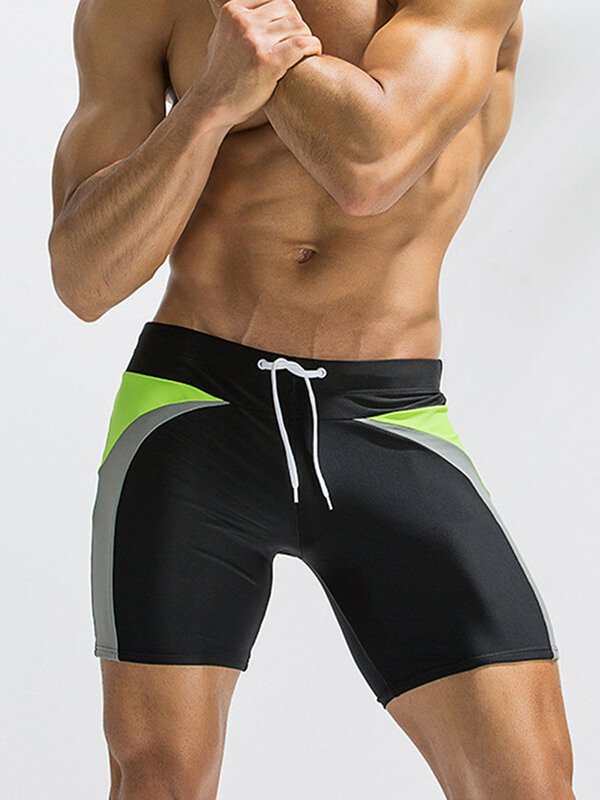 Men's long swimming trunks - black and green patchwork, drawstring closure, lightweight polyester for beachwear. SF0835