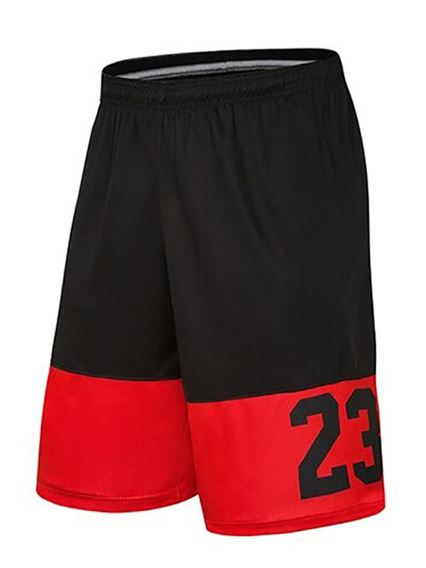 Black and red loose basketball shorts for men with number 23, lightweight and stretchy, ideal for sports performance.