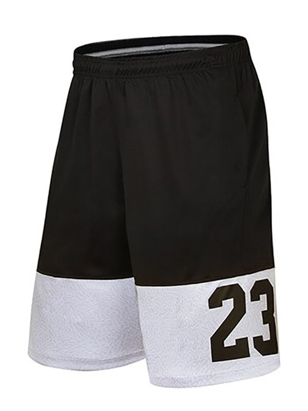 Black and white men's loose basketball shorts with number 23, lightweight and stretchy for optimal sports performance.