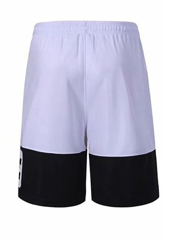 Back view of loose basketball shorts for men, black and white design, featuring adjustable waistband and letter accents, perfect for sports.