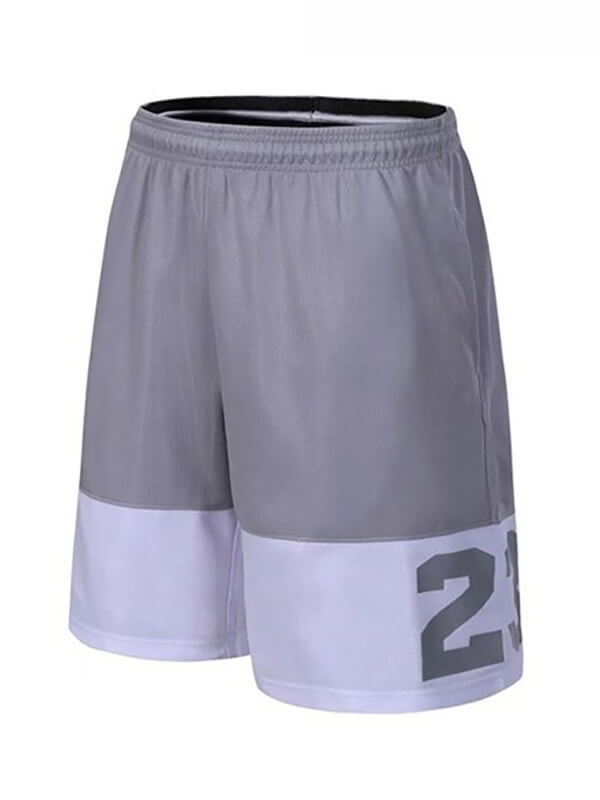 Loose basketball shorts for men in gray and white with number 23, featuring an adjustable drawstring waistband for comfort and style.