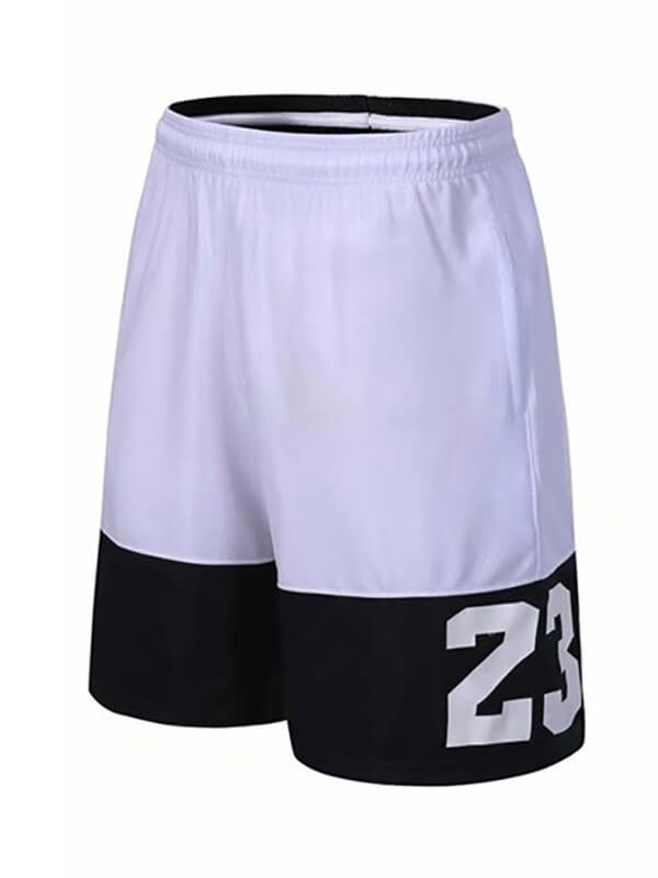 Loose basketball shorts for men with number 23, white and black, comfortable and stretchy, ideal for sports and active wear.