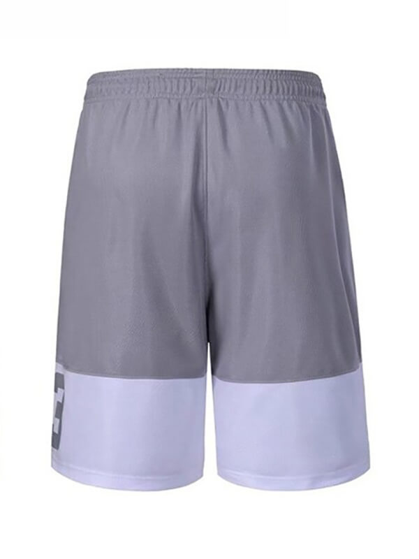Gray loose basketball shorts for men with white trim, featuring an adjustable drawstring waistband and letter accents for style.