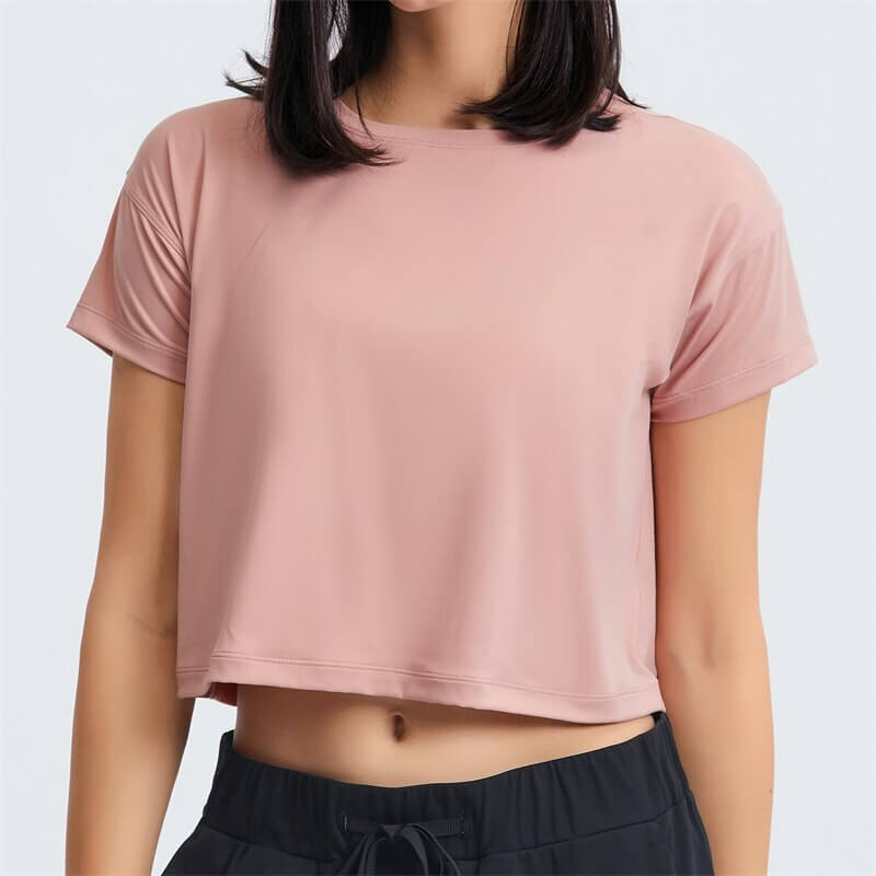 Loose Fit Workout Crop T-shirt for Women - Pink, Short Sleeves, Perfect for Yoga, Breathable Nylon Spandex, Stylish Comfort - SF1155