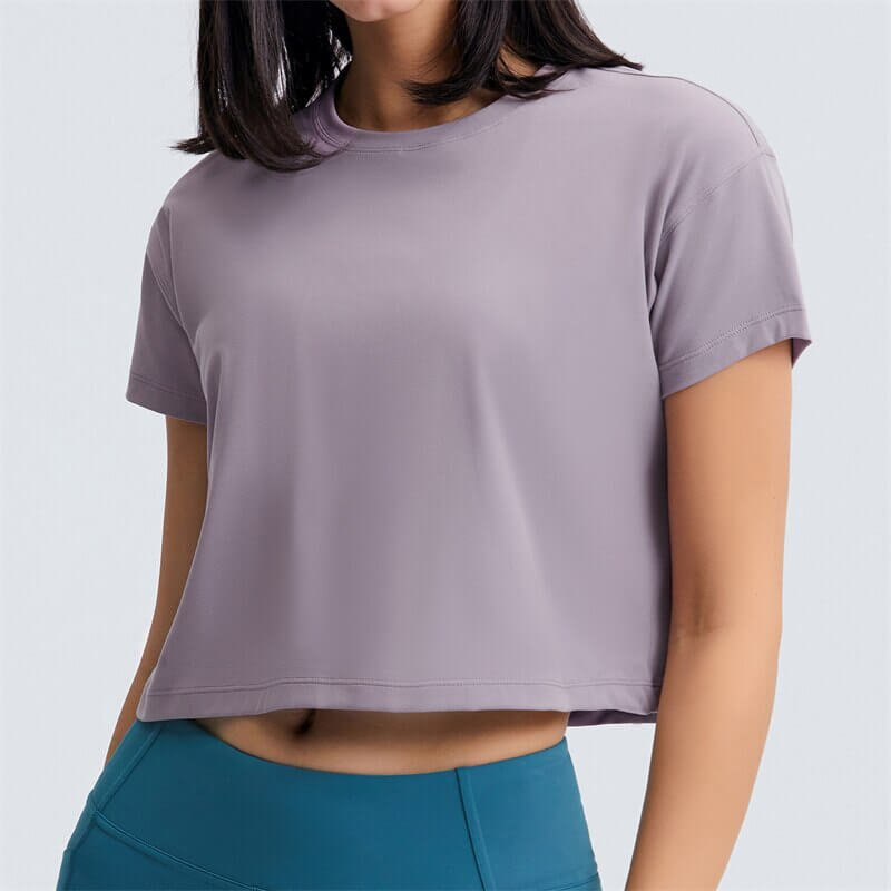 Loose Fit Workout Solid Crop T-shirt for Women SF1155, perfect for yoga with breathable nylon-spandex blend and short sleeves.