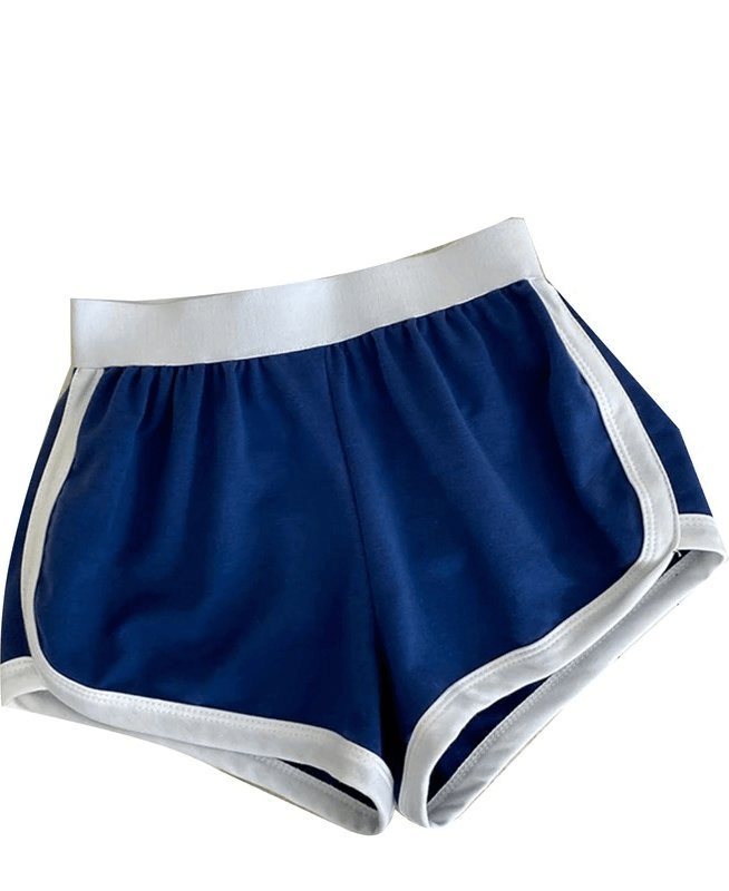 Loose short women's sports shorts in blue with white trim, ideal for female athletes, featuring an elastic waistband and stylish appliques.