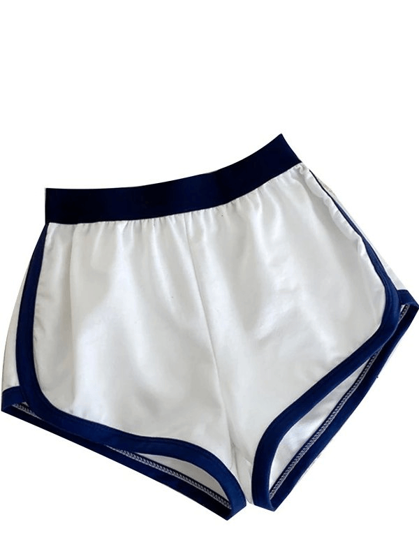 Loose short women's sports shorts in white with navy trim, lightweight polyester, elastic waistband, perfect for female athletes, SF0167.