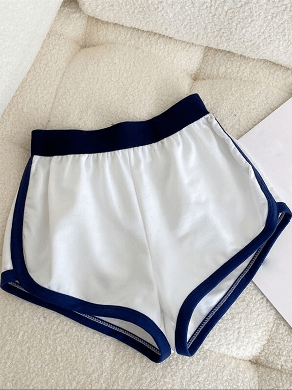 Loose short women's sports shorts with blue trim, ideal for modern athletes, featuring elastic waistband and stylish appliques.