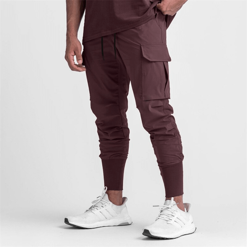 Men's Loose Slim Elastic Joggers Pants with Wide Cuffs in Burgundy for Running and Exercise