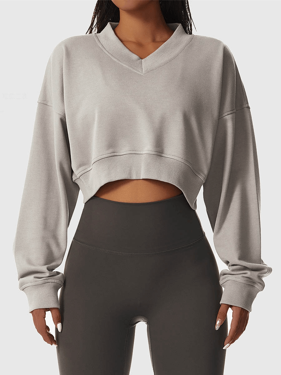 Lockeres Sport-Kurz-Sweatshirt mit V-Ausschnitt und langen Ärmeln für Damen – SF1012