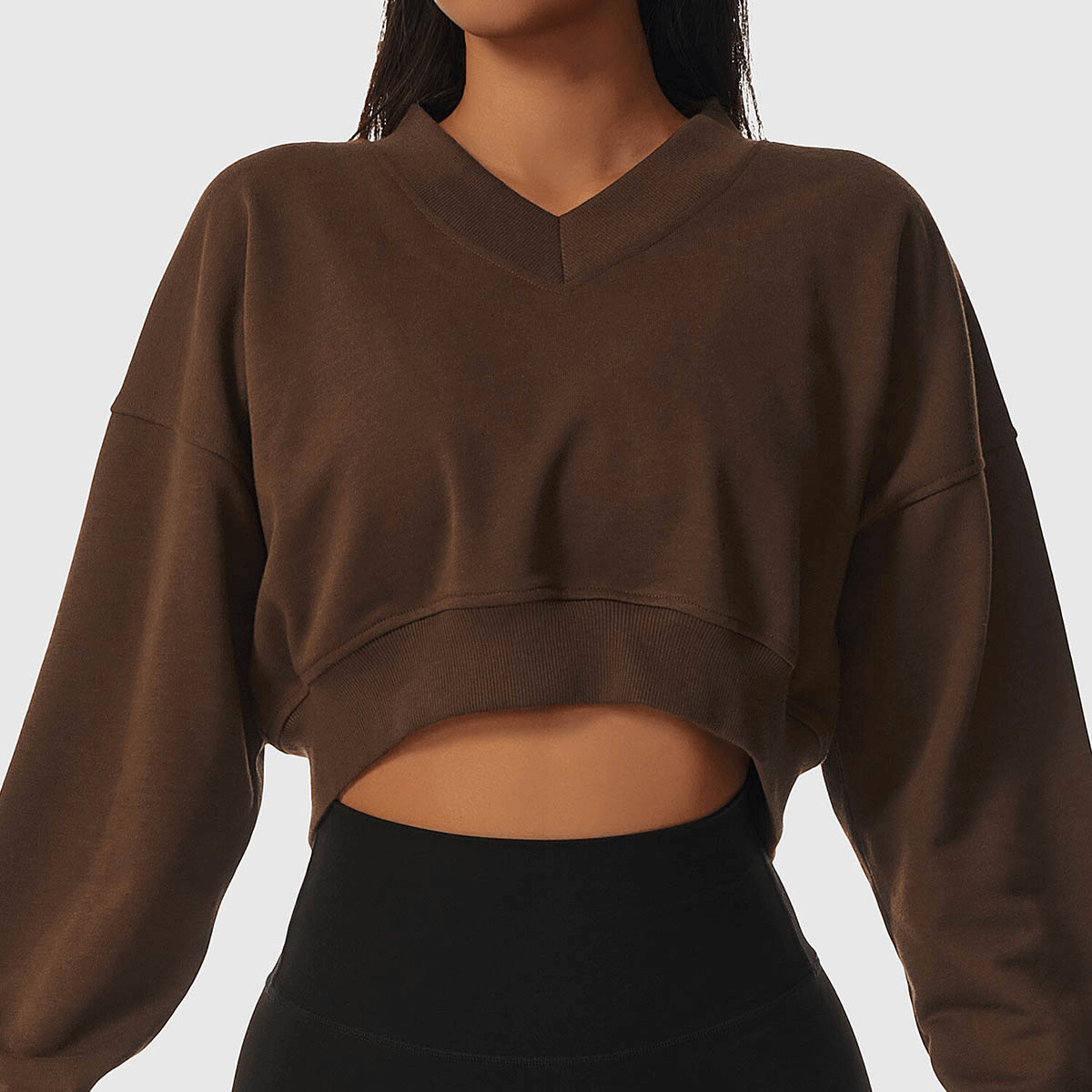 Loose V-neck Long Sleeved Sports Short Sweatshirt for Women - SF1012