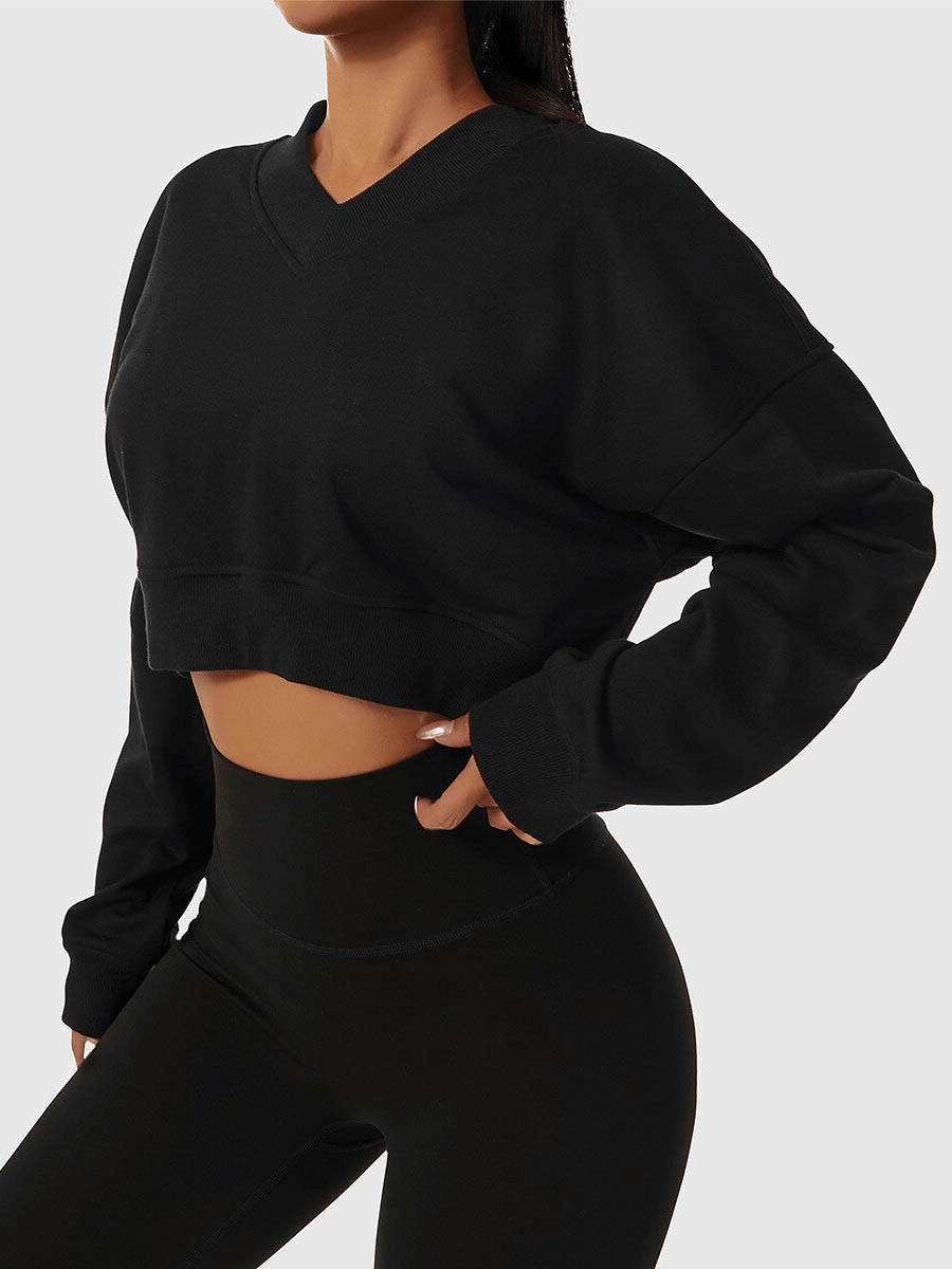 Loose V-neck Long Sleeved Sports Short Sweatshirt for Women - SF1012