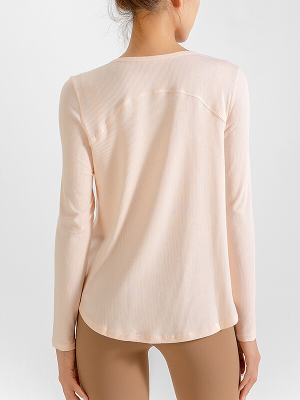 Back view of a beige loose V-neck top for women, perfect for yoga and running. Made from quick-dry fabric with decorative ribbons.