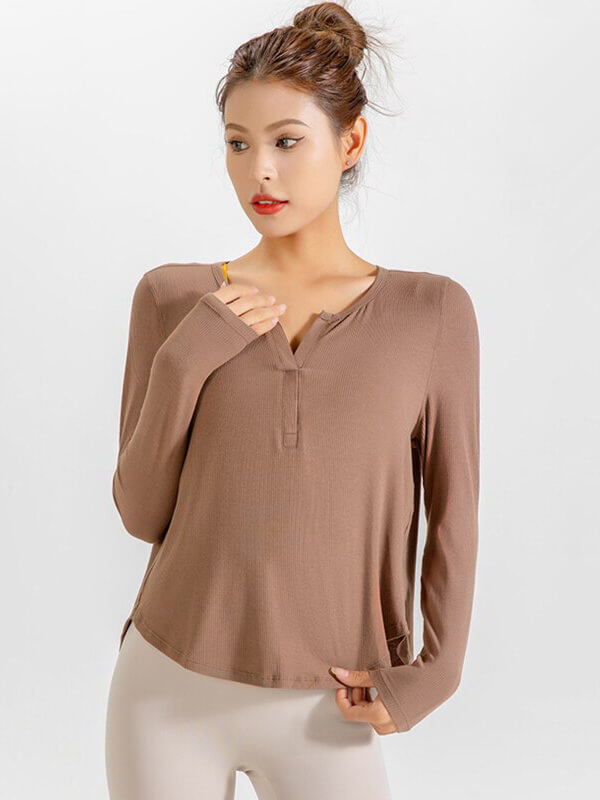 Loose V-neck top for women in natural color; perfect quick-dry running attire made of breathable polyester and spandex with ribbons.