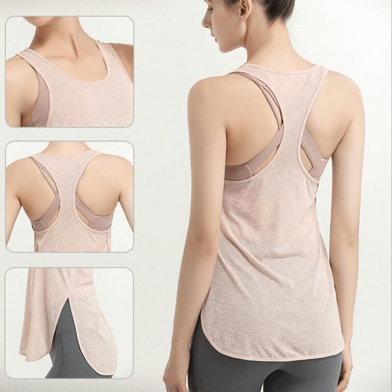 Back view of woman in a loose women's gym tank top, breathable sports tank designed for running and fitness, in light pink color.