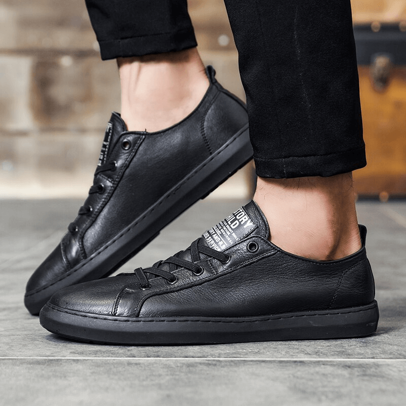 Luxury genuine leather walking shoes for men, SF0968, shown in elegant black with slip-on design and durable rubber outsole.