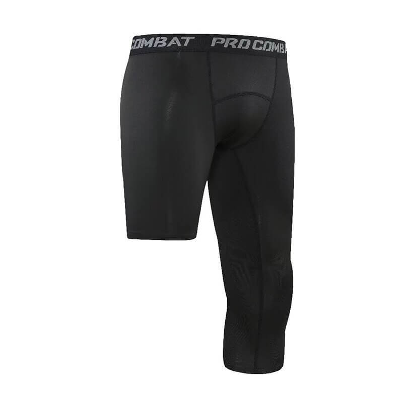 Men's cropped one-leg tights for basketball and football, black, nylon-polyester, capri length with geometric pattern, SF0691.