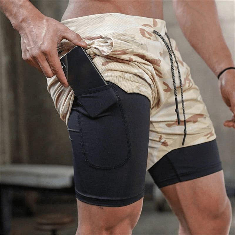 Male double-deck running shorts with pockets, perfect for gym workouts, featuring quick-dry fabric and convenient storage for small items.