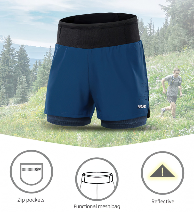 Men's double-layer high waist running shorts with elastic waistband, zip pockets, mesh bag, reflective design. Stylish and functional.
