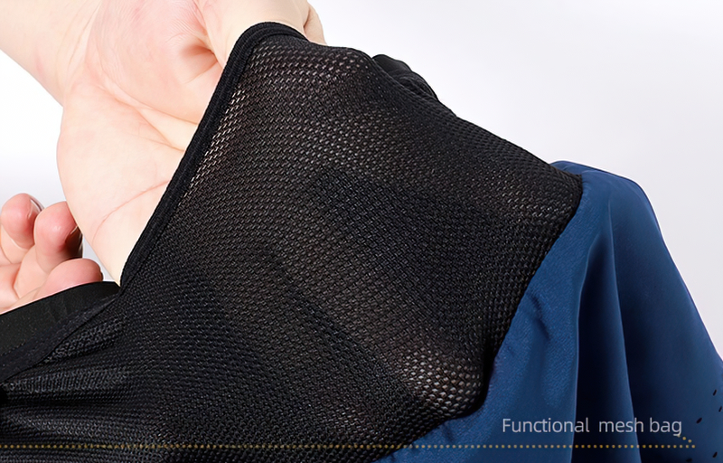 Close-up of functional mesh bag on male double-layer high waist shorts for training, highlighting breathable fabric and practicality.