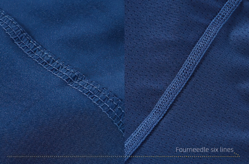 Close-up of blue four-needle six lines stitching on male high waist training shorts, highlighting quality and durability.