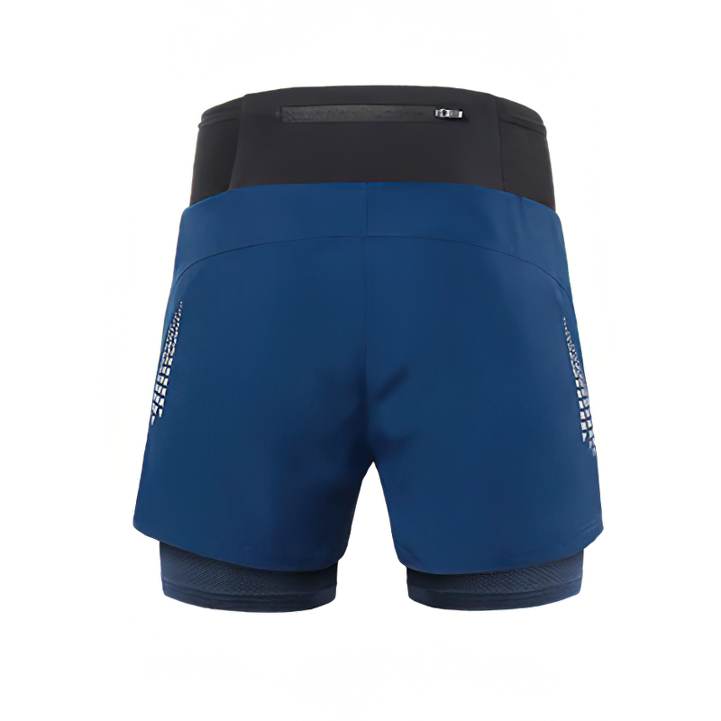 Rear view of blue male double-layer high waist running shorts with elastic waistband, perfect for training and maximum mobility.