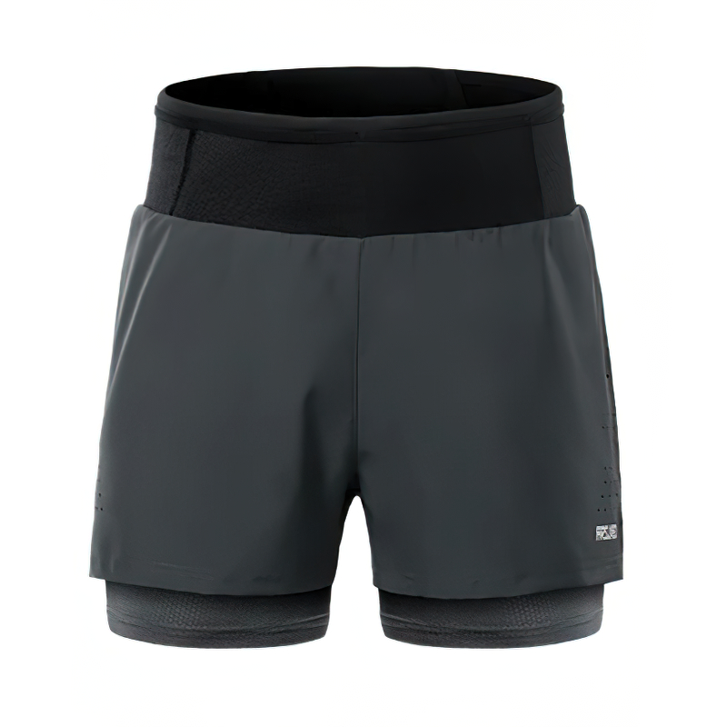 Men's black double-layer high waist training shorts SF0540 with polyester, spandex blend for comfort and mobility.