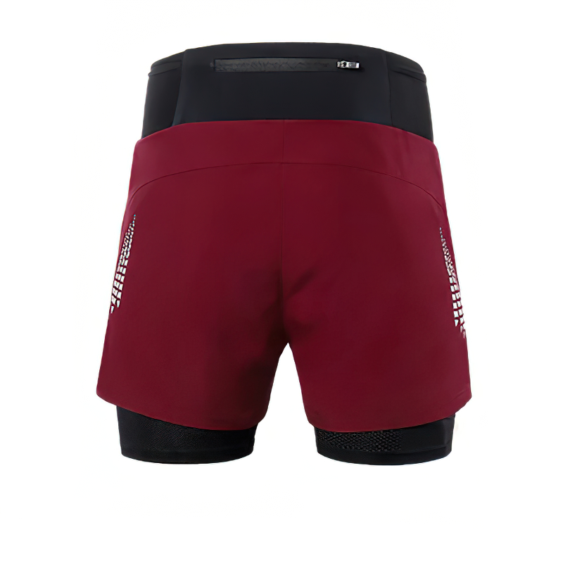 Rear view of male double layer high waist training shorts in red with elastic waistband for running. Product code: SF0540.