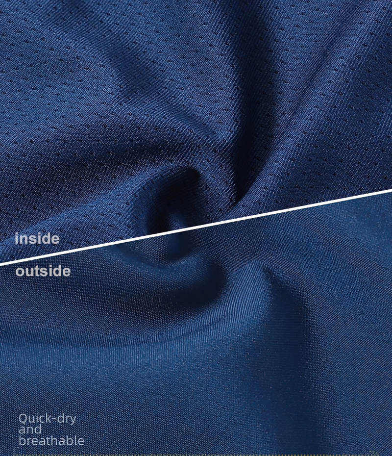 Close-up of the quick-dry breathable fabric showing inside and outside layers of training shorts, highlighting texture and material quality.