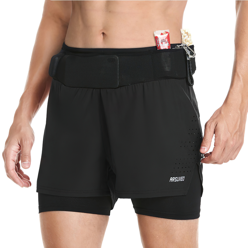 Male double-layer high waist training shorts, black with front pocket, ideal for running; polyester and spandex for comfort and support.