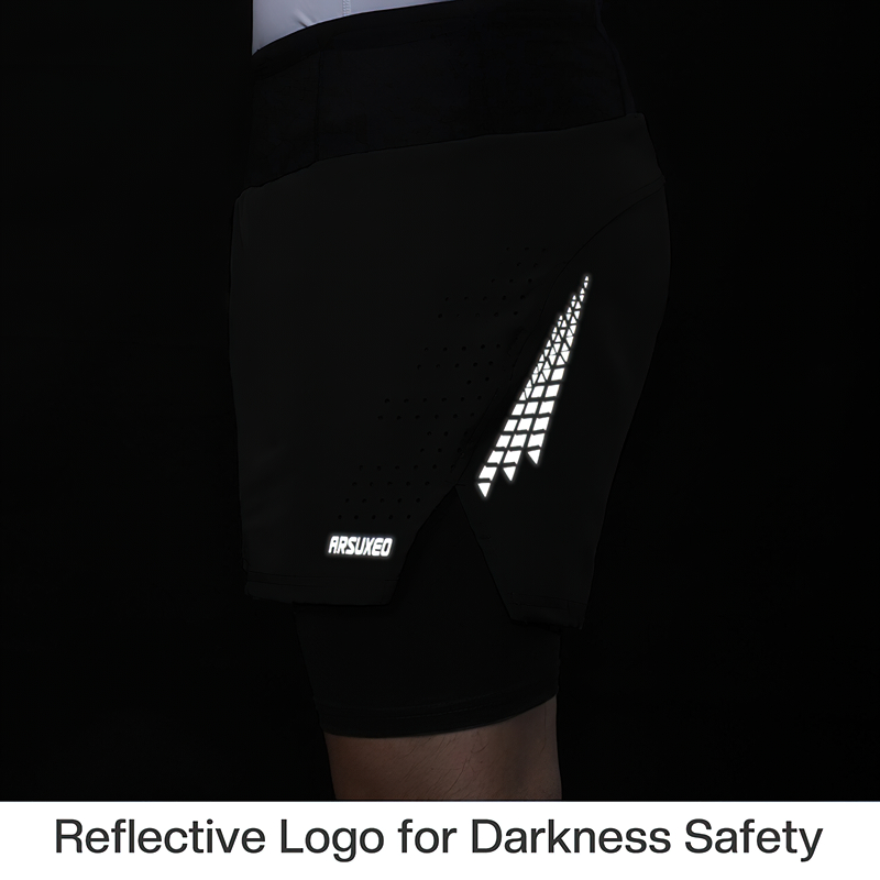 Black male high waist training shorts with reflective logo for night safety, made from polyester and spandex for comfort and mobility.