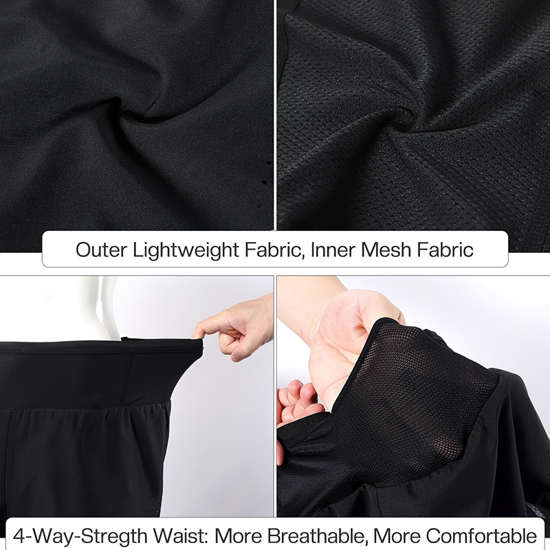 Black double-layer high waist shorts for men with lightweight fabric and 4-way stretch for comfort and mobility in running.