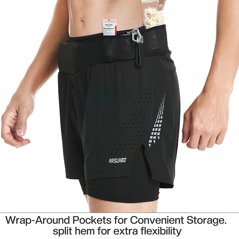 Men's double-layer high waist training shorts with wrap-around pockets and popcorn, showcasing flexibility and secure fit.