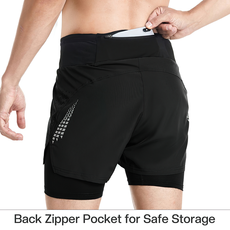 Male double-layer high waist shorts with back zipper pocket for running.