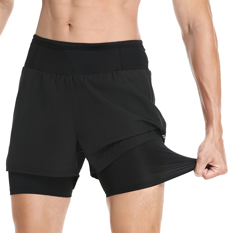Black male double-layer high waist training shorts with elastic waistband, polyester-spandex blend for mobility and comfort.