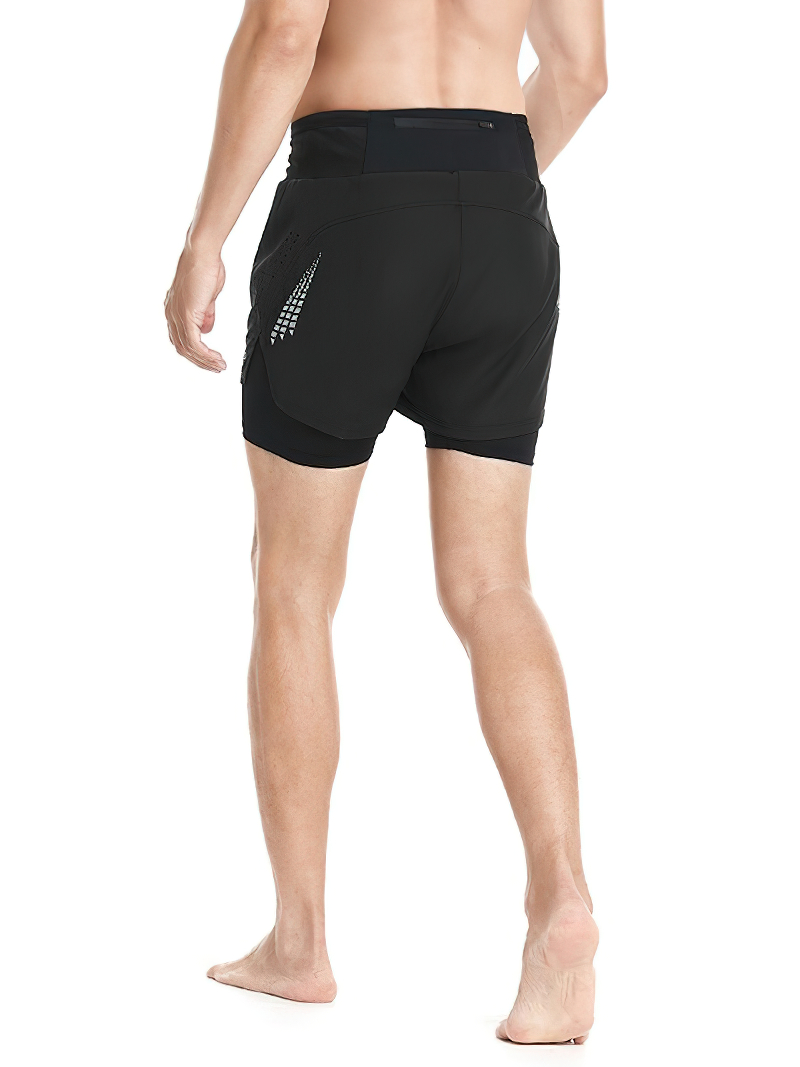 Back view of male wearing black double-layer high waist training shorts SF0540, ideal for running, made with polyester and spandex.