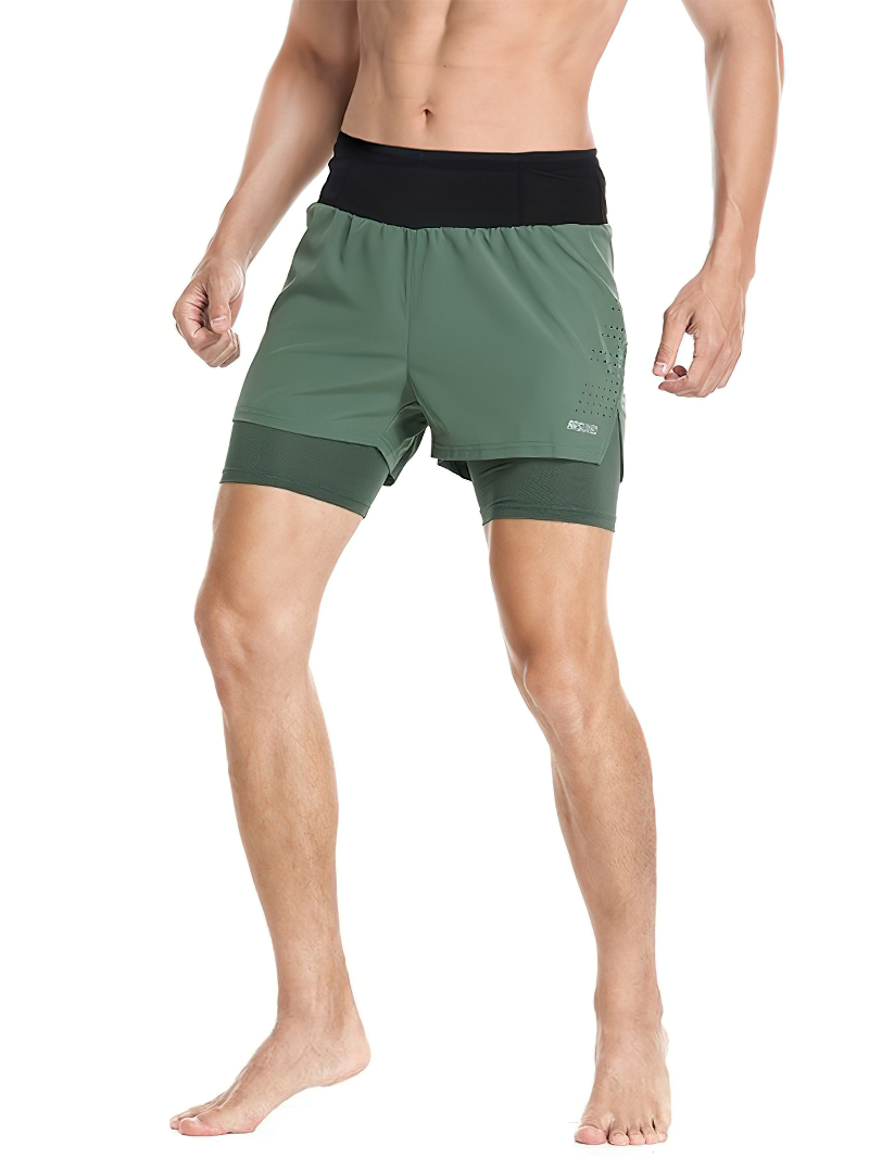 Male double layer high waist training shorts SF0540, solid green, polyester spandex blend, elastic waistband, running support