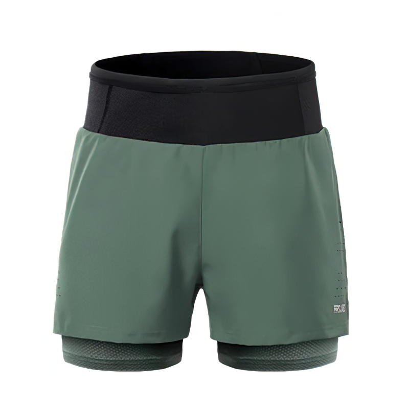 Green male double-layer high waist training shorts with black waistband, perfect for running and active lifestyle support