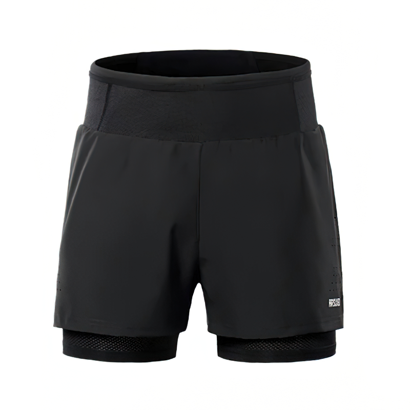 Black double-layer high waist running shorts for men, featuring polyester and spandex for mobility and comfort, with elastic waistband.
