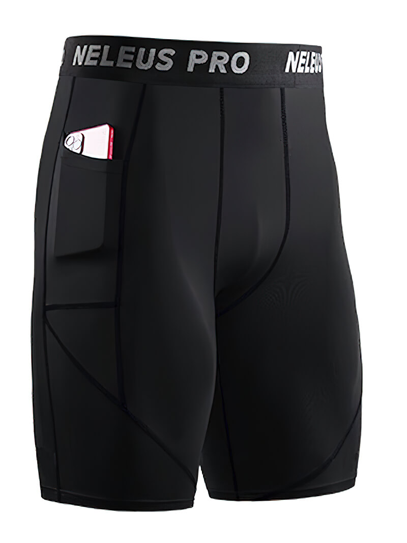 Black male elastic short compression tights with side pocket, ideal for workouts, providing flexibility and comfort for athletes.