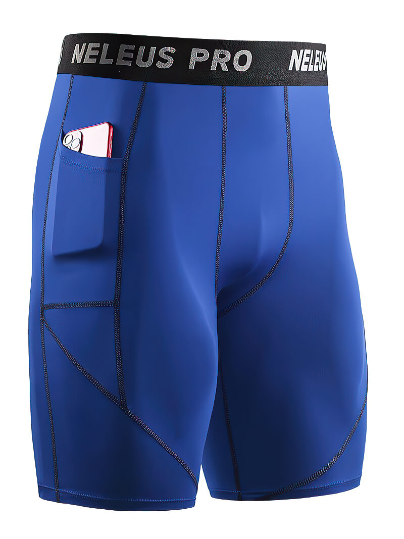 Blue male elastic short compression tights with a side pocket for workout. Perfect for running and sport activities.