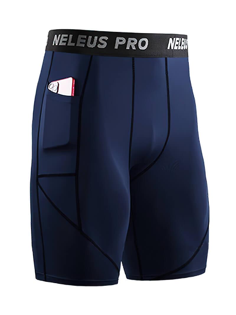 Navy blue male elastic short compression tights for workout with pocket detail and logo waistband.