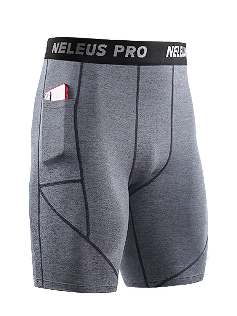 Male elastic short compression workout tights in grey with a pocket, perfect for running and sports, featuring stylish patchwork design.
