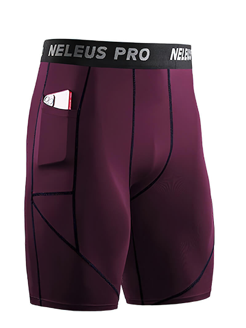 Purple men's short compression tights with pocket for workouts, designed for comfort and flexibility, featuring stylish patchwork design.