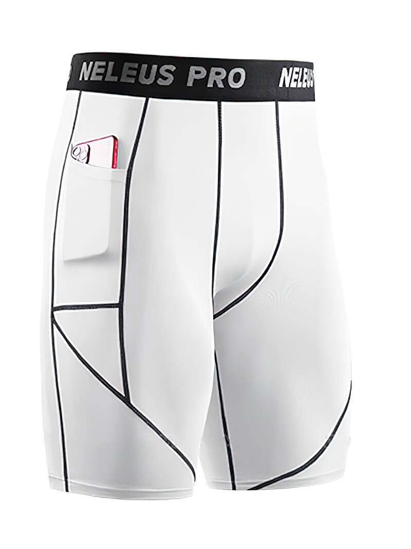 White male elastic short compression tights with black accents, features phone pocket on side. Ideal for workouts and sports.
