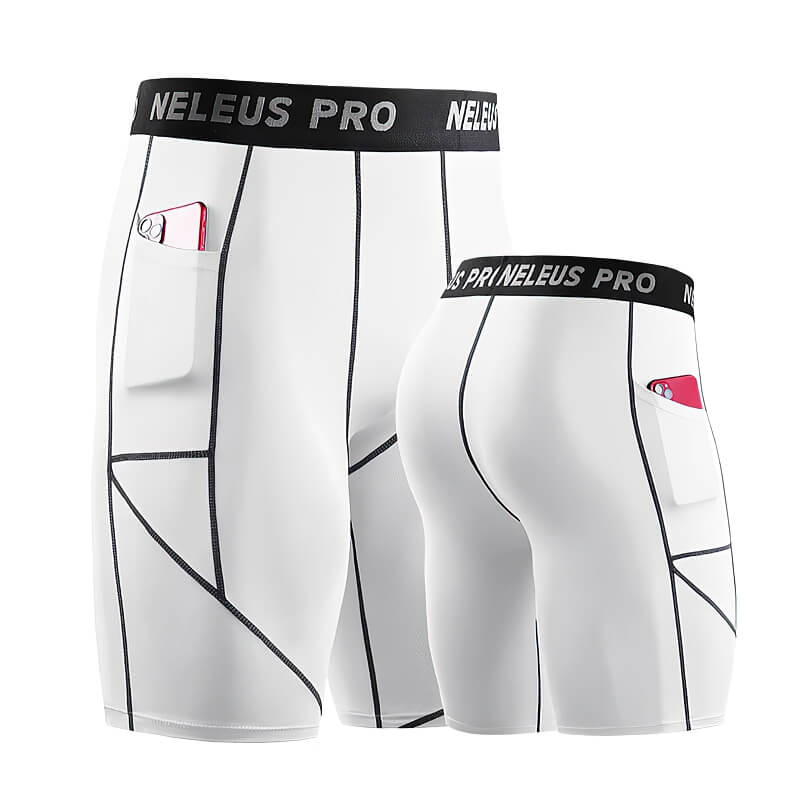 White male elastic short compression tights with pocket detail and patchwork design, ideal for workouts and sports performance.